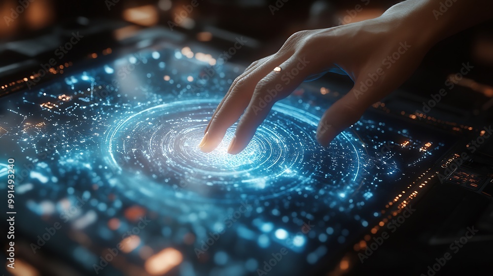 Poster Hand touching modern interface digital transformation and metaverse concept Connection next generation technology and new era of innovation : Generative AI