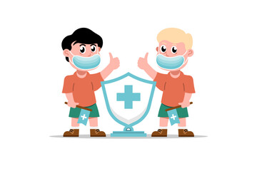 Child health day cartoon, Boy thumbs up and wearing masks to protect germs with a protective shield, Vector illustration.