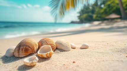 Obraz premium View of sandy beach with shells and palm tree with colored background : Generative AI