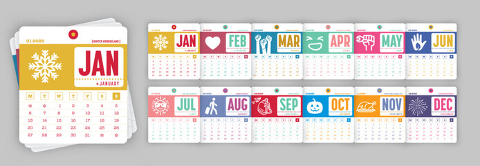Minimalist 2025 monthly calendar with colorful icons and dates for each month.