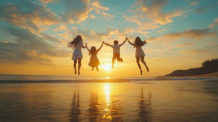 Happy asian family jumping together on the beach in holiday Silhouette of the family holding hands enjoying the sunset on the  beachHappy family travel and vacations concept : Generative AI