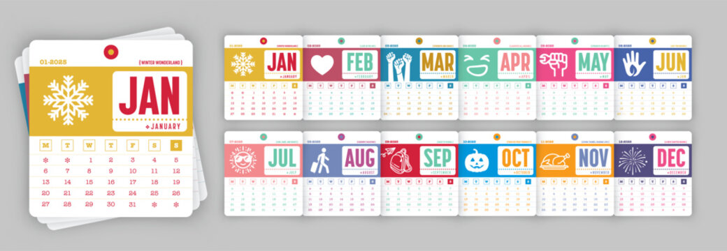 Minimalist 2025 monthly calendar with colorful icons and dates for each month.