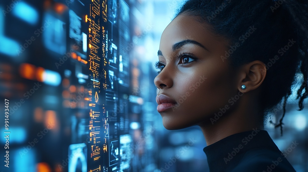 Poster black woman working in office and futuristic graphical user interface concept ict information commun