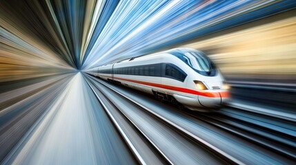 Obraz premium Close-up of a high-speed train in motion with a blurred background, offering plenty of space for text.