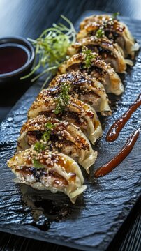 Gyoza dumplings with Shrimp on black stone plate with soy sauce