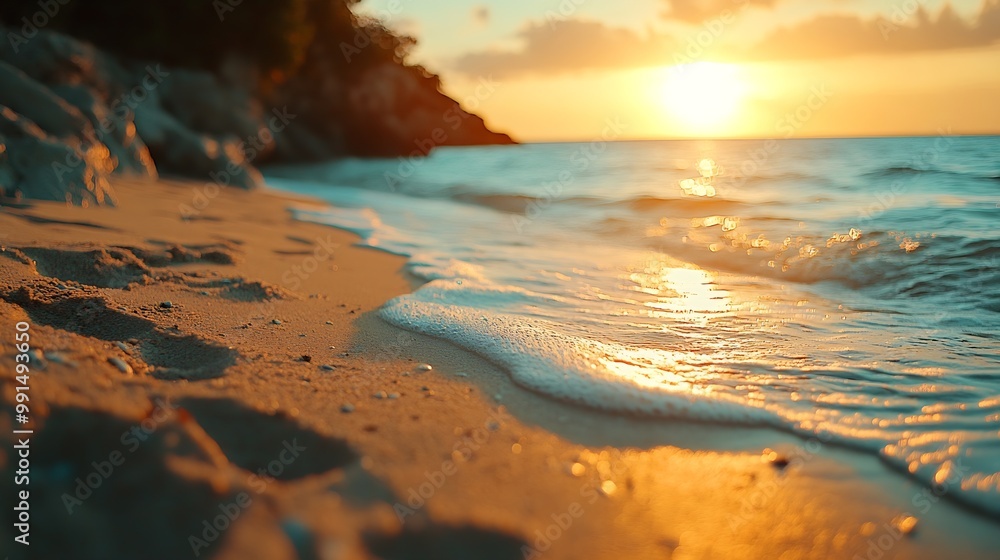 Poster beach in sunset time tilt shift soft effect : generative ai
