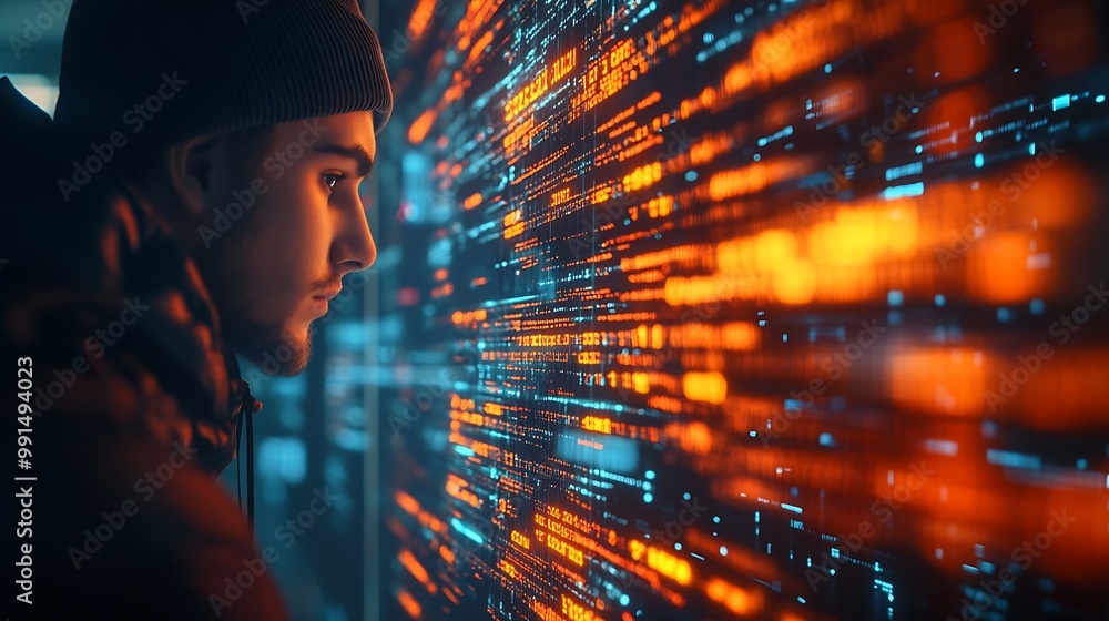 Poster Digital technology concept Man programmer working on laptop for big data management computer code on futuristic virtual interface screen data mining digital software development data s : Generative AI