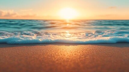 Obraz premium Closeup sea sand beach Panoramic beach landscape Inspire tropical beach seascape horizon Orange and golden sunset sky calmness tranquil relaxing sunlight summer mood Vacation travel ho : Generative AI