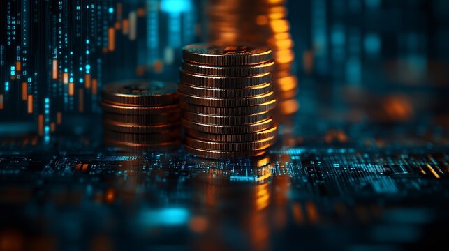 Double exposure image of coin stacks on technology financial graph backgroundEconomy trends background for business financial meltdown Cryptocurrency digital economy : Generative AI