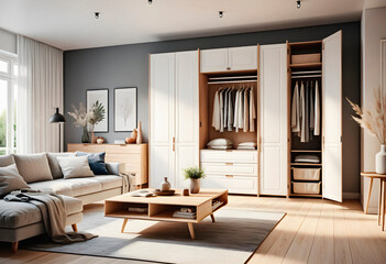 interior of modern living room with beige sofa and coffee table. AI generated.