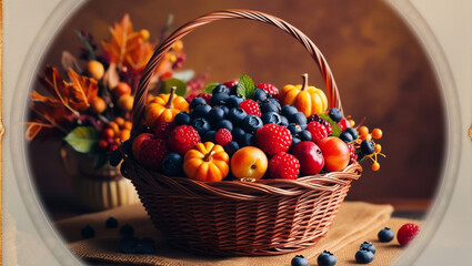 Naklejka premium autumn basket overflowing with a bright mix of juicy berries and blueberries, symbol of the fall harvest, on a warm, earthy background 