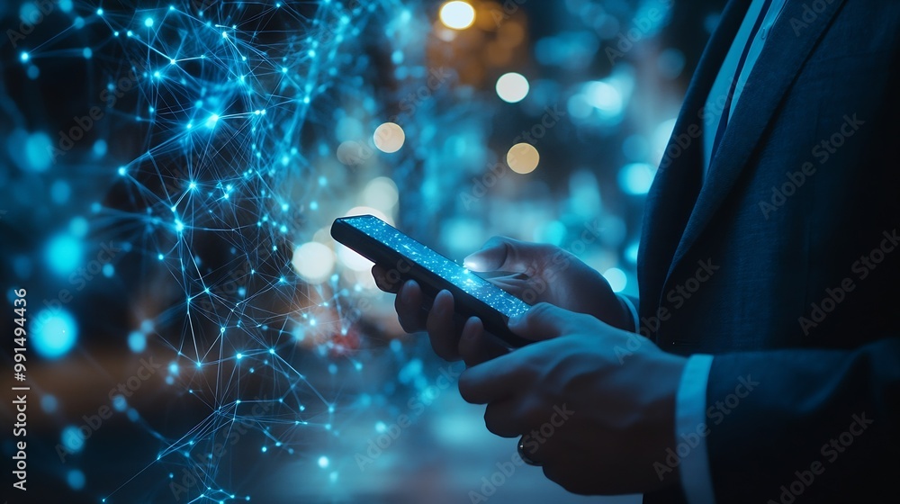 Poster Businessman using mobile smartphone on global network connection on investor and customer with sale data exchange and development of business Technology and digital marketing Financial : Generative AI