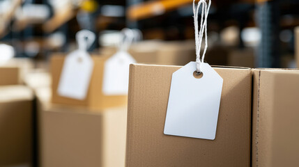 A close-up of cardboard boxes with blank tags, indicating organization and potential storage or shipping purposes in a warehouse or retail environment.