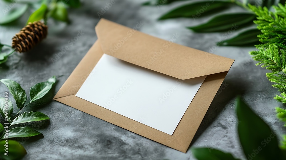 Aufkleber blank white card with kraft brown paper envelope template mock up : generative ai