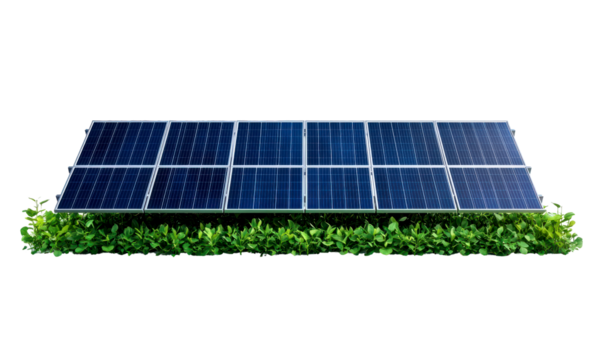 Solar panel mounted on green grass isolate on transparent background, png, cutout