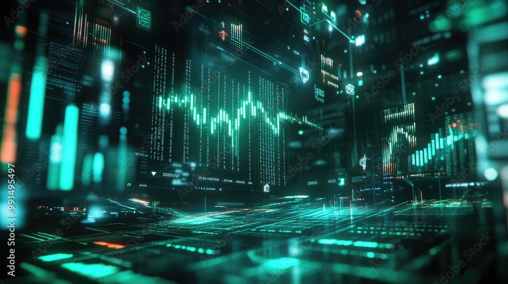 Poster a digital stock graph with candlestick patterns and a rising trend line in green, surrounded by real
