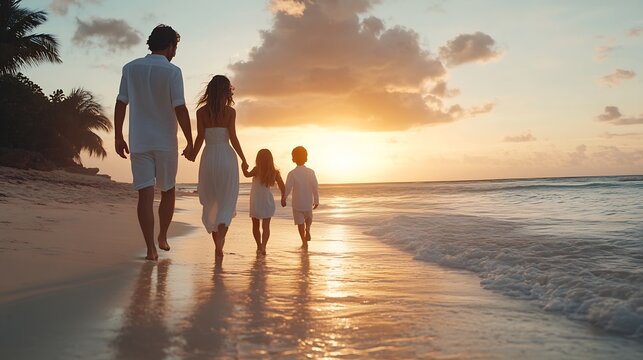 A elegant family in white summer clothing walks hand in hand down a tropical paradise beach during sunset tme and enjoys their vacation time : Generative AI