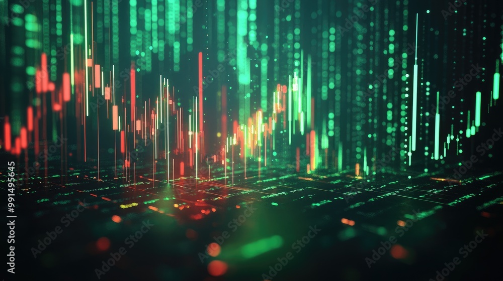 Poster a digital stock market graph showing green and red candlesticks on a dark background, with glowing n