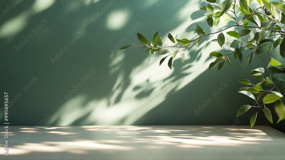 Leinwandbilder Empty table and darkgreen wall Table with sun reflections and leaves shadows on beige wall Background with bokeh for product presentationMock up for presentation branding products cosm : Generative AI