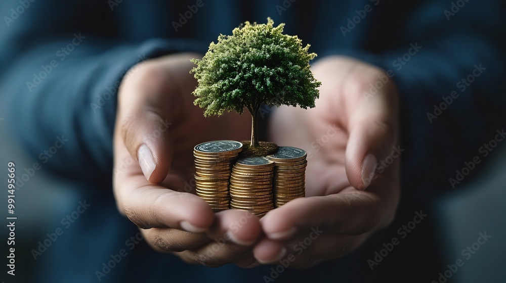 Aufkleber eco business investment green business growth businessman holding coin with tree growing on money co