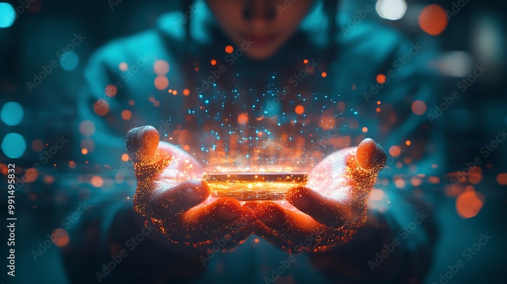 Poster Metaverse and Blockchain Technology Concepts Person with an Experiences of Metaverse Virtual World via Smart Phone Futuristic Tone Hand Levitating Mobile Phone : Generative AI