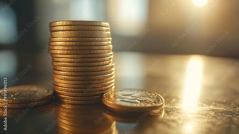 Fototapete close up stack of coin on table background and business or finance saving money : generative ai