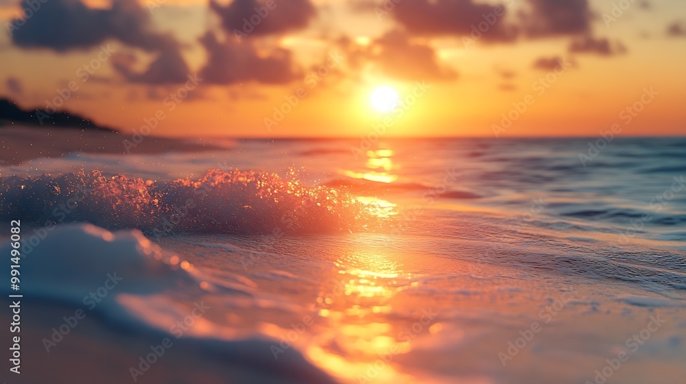 Poster beach in sunset time tilt shift soft effect : generative ai