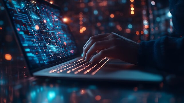 Data science digital technology concept Computer science engineer programming on laptop at office data exchange system control and data management with Ai Business and Artificial intel : Generative AI - Powered by Adobe