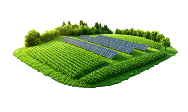 Aerial view of a vibrant green farm with solar panels isolate on transparent background, png, cutout