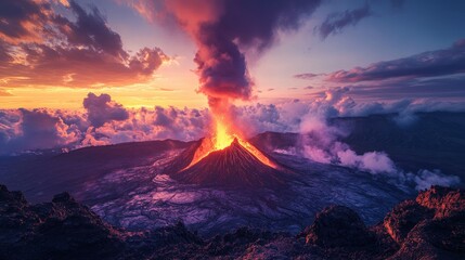 Fototapeta premium A dramatic sunset view of a volcano with an active eruption, casting a warm glow on the clouds and surrounding terrain, showcasing nature's beauty and power