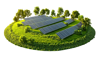 Aerial view of solar panels on a lush green hill surrounded by trees isolate on transparent background, png, cutout