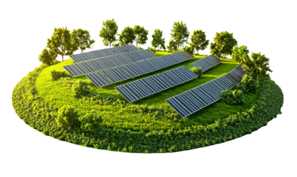 Aerial view of solar panels on a lush green hill surrounded by trees isolate on transparent background, png, cutout