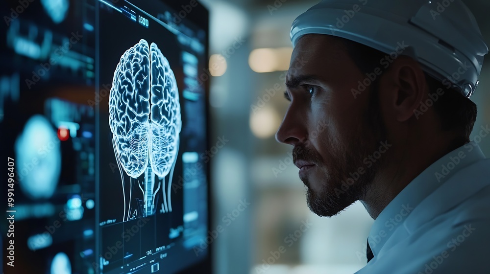 Aufkleber doctor use robotic and innovative medical technology diagnose and examine patient brain with intelli