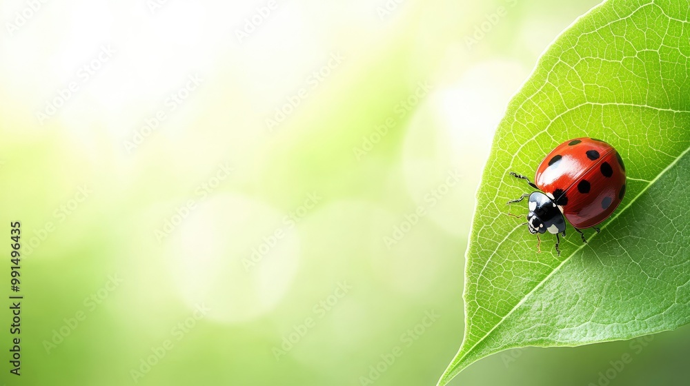 Poster close-up of a ladybug on a green leaf, with a large open background area for text. -