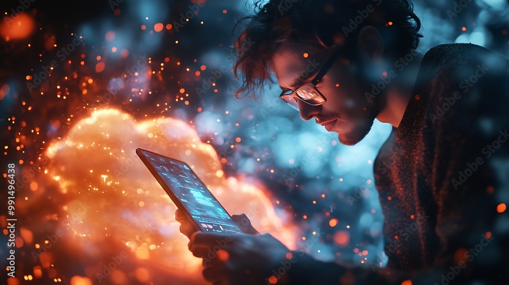 Fototapete Digital technology cloud computing concept Software engineer using mobile smart phone and laptop computer with global network connection Technology innovative and communication concept : Generative AI