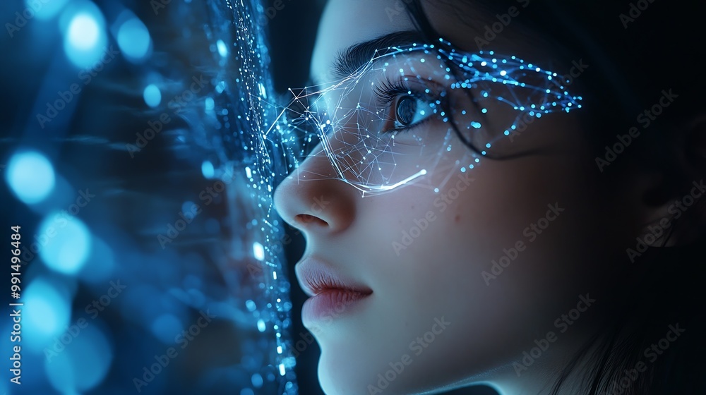 Fototapete Digital technology internet network connection big data digital marketing IoT internet of things Woman using modern computer surfing internet futuristic metaverse innovative technology : Generative AI