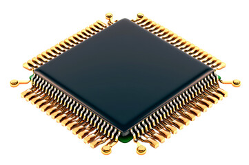 Close up of a black computer chip with gold connectors isolate on transparent background, png, cutout
