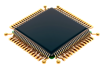 Close up of a black computer chip with gold connectors isolate on transparent background, png, cutout