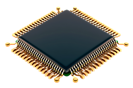 Close up of a black computer chip with gold connectors isolate on transparent background, png, cutout
