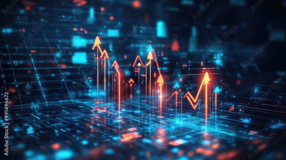 Poster a dynamic 3d bar graph with arrows pointing upward, surrounded by digital icons and glowing data poi