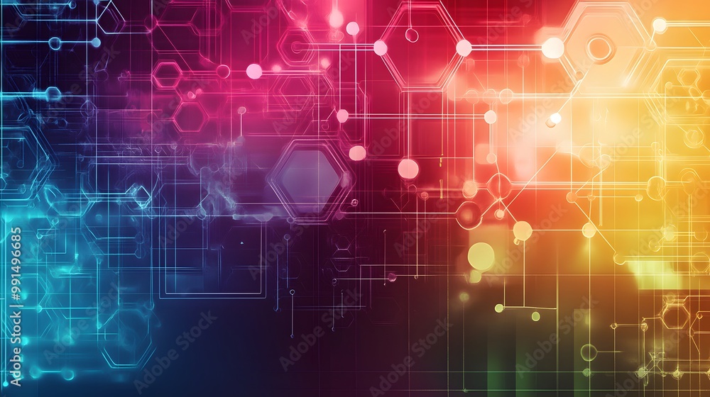 Poster abstract digital network with hexagons and lines in colorful gradient