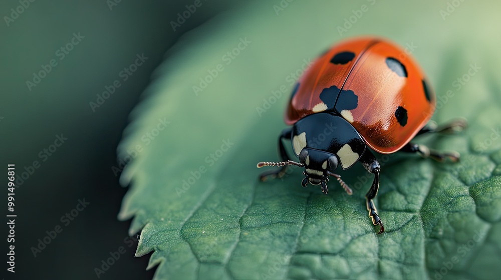 Poster close-up of a ladybug on a green leaf, with a large open background area for text. -