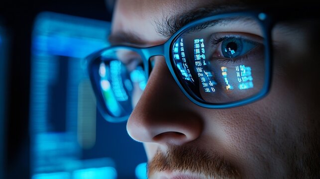 Focused developer coder wears glasses working on computer looking at programming code data cyber security digital tech reflecting in spectacles developing software program focus on eye : Generative AI