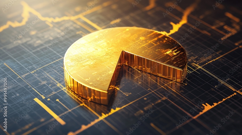 Aufkleber a dynamic 3d pie chart in gold tones with segments floating above a digital grid, representing the d