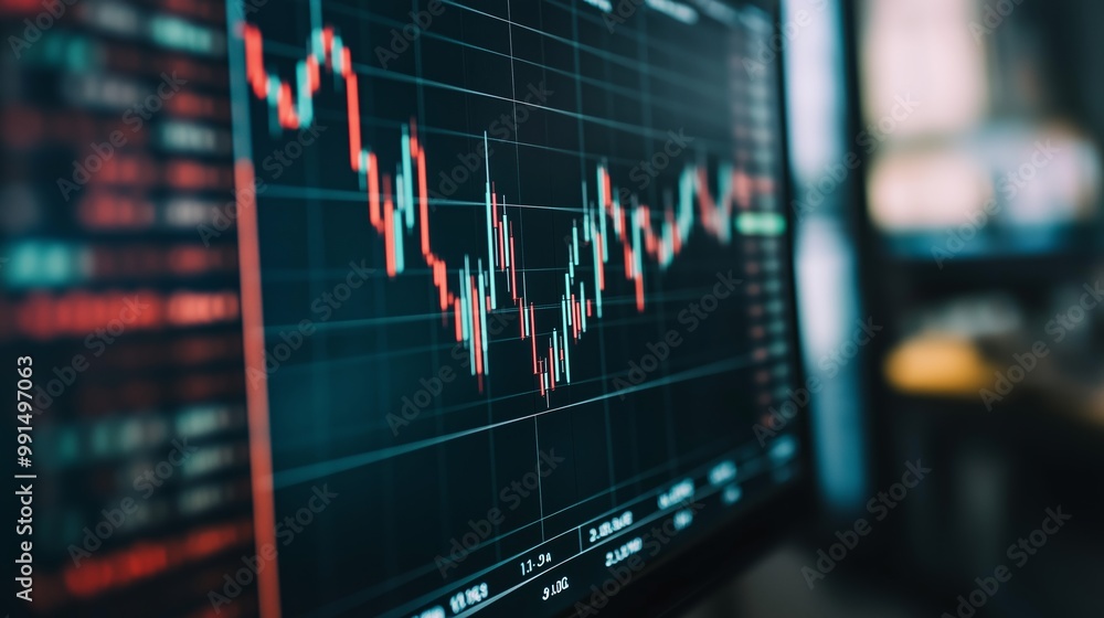 Poster stock market analysis with candlestick chart on computer screen during a trading session in a modern