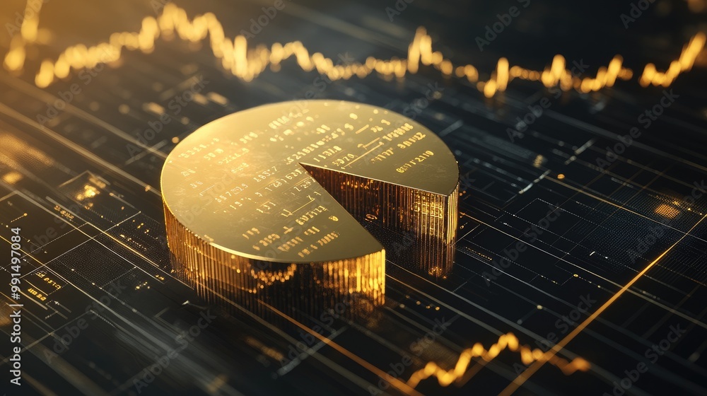 Poster a dynamic 3d pie chart in gold tones with segments floating above a digital grid, representing the d