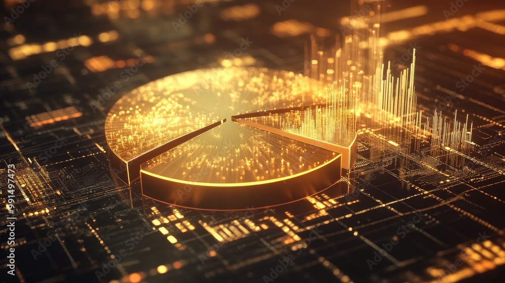 Poster a dynamic 3d pie chart in gold tones with segments floating above a digital grid, representing the d