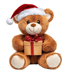 a teddy bear wearing a santa hat and holding a present