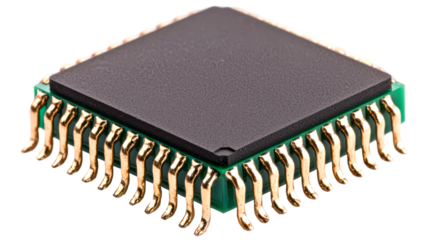 High-resolution image of a microchip with gold pins isolate on transparent background, png, cutout