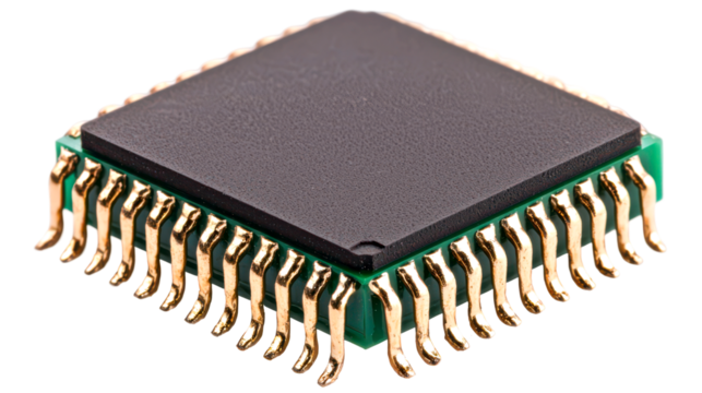 High-resolution image of a microchip with gold pins isolate on transparent background, png, cutout